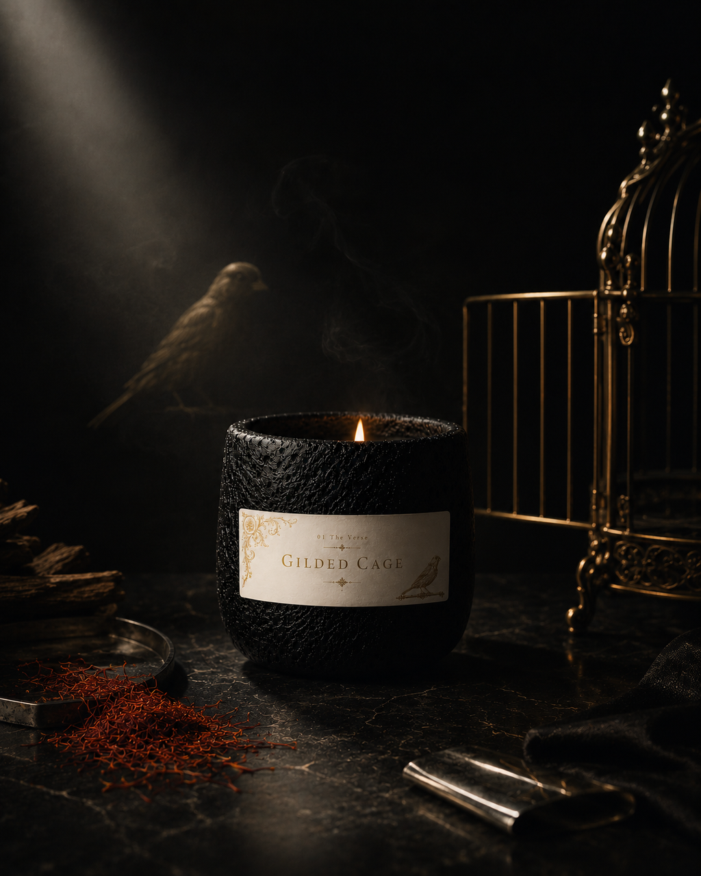 Gilded Cage black scented candle lit beside a gold birdcage and saffron in moody low light — Ironic Paradoxists