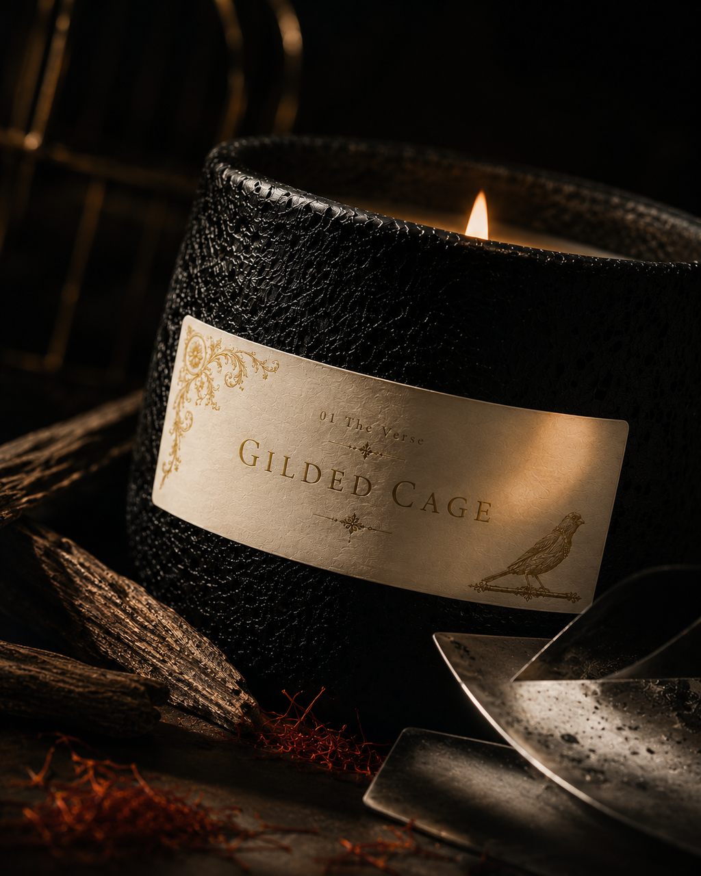 Close-up of the textured black Gilded Cage candle with its gold label