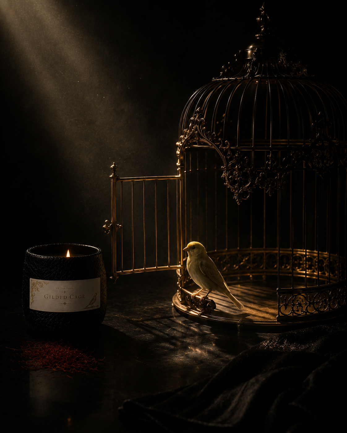 Gilded Cage candle beside a gold birdcage holding a small golden bird, dark setting