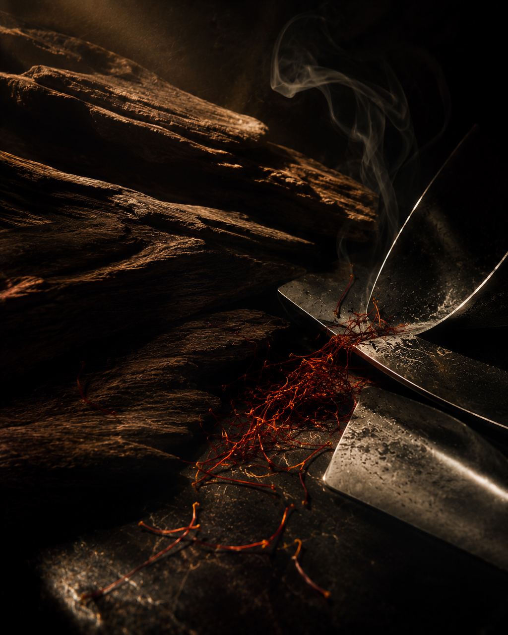 Moody still life with driftwood, saffron threads and drifting smoke — Gilded Cage