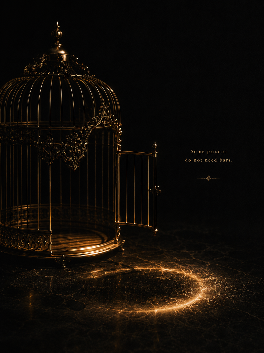 An empty gold birdcage encircled by a glowing ring of light in darkness — Gilded Cage