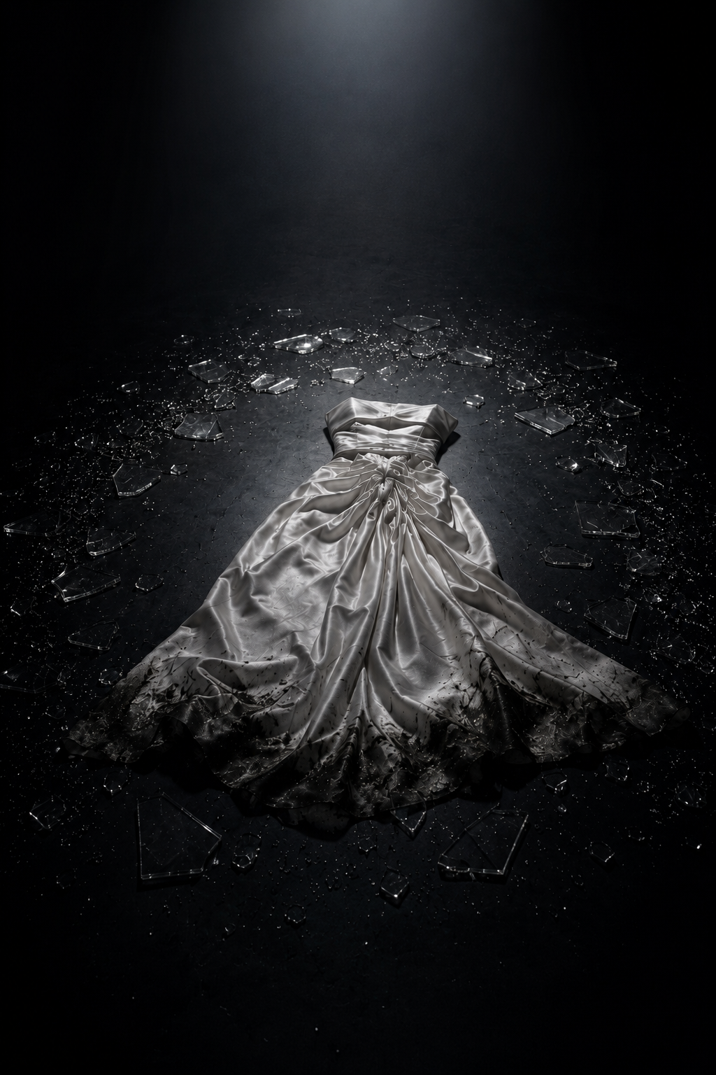 A white satin gown pooled on a dark floor amid shattered glass under a spotlight — White Satin Riot
