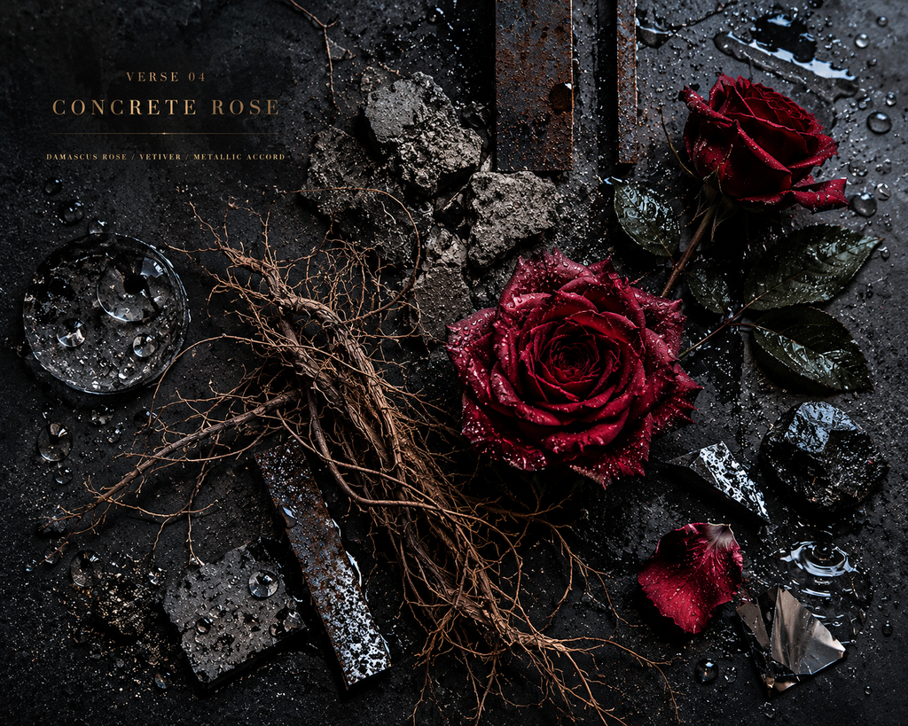 Verse 04 Concrete Rose scent-note flat-lay with red roses, roots and rubble