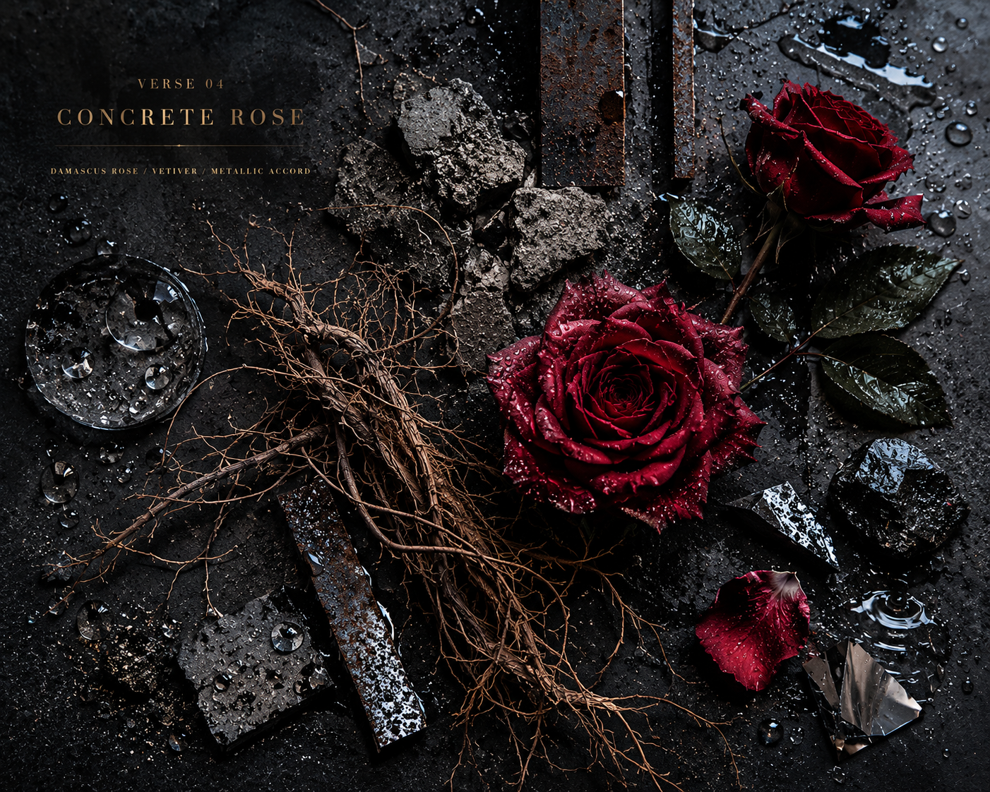 Verse 04 Concrete Rose scent-note flat-lay with red roses, roots and rubble