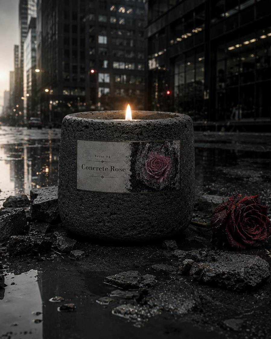 Concrete Rose raw-concrete candle lit on a rain-soaked city street with a dark red rose — Ironic Paradoxists