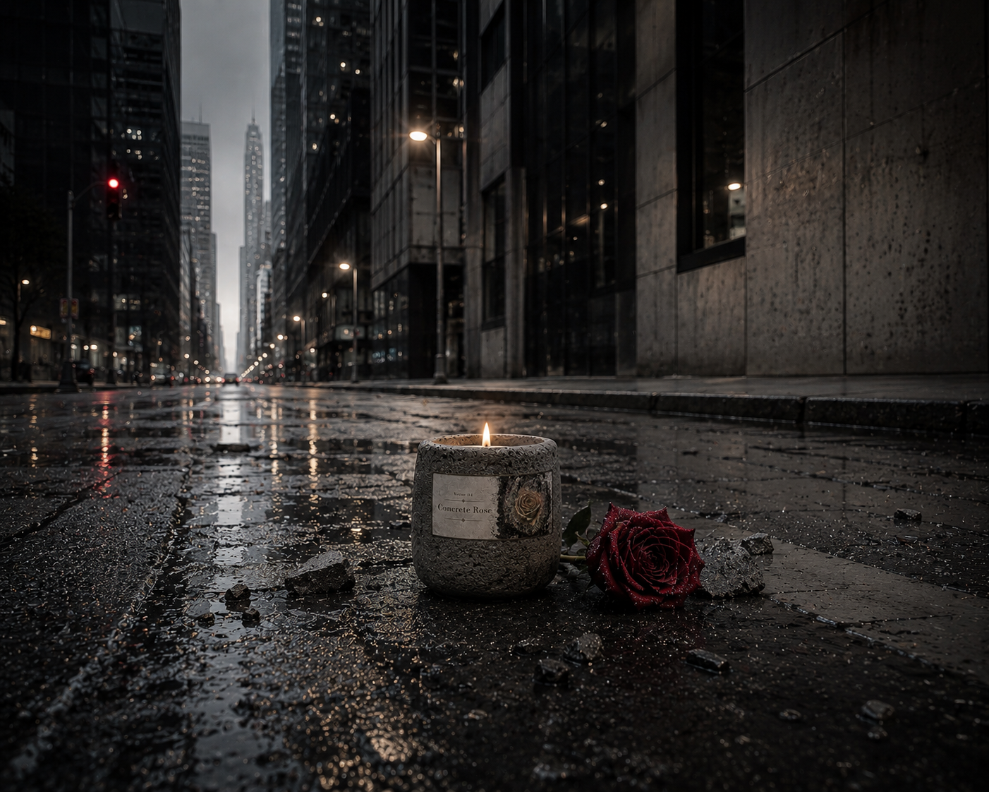 A rainy empty city avenue with the small Concrete Rose candle and a red rose on the ground