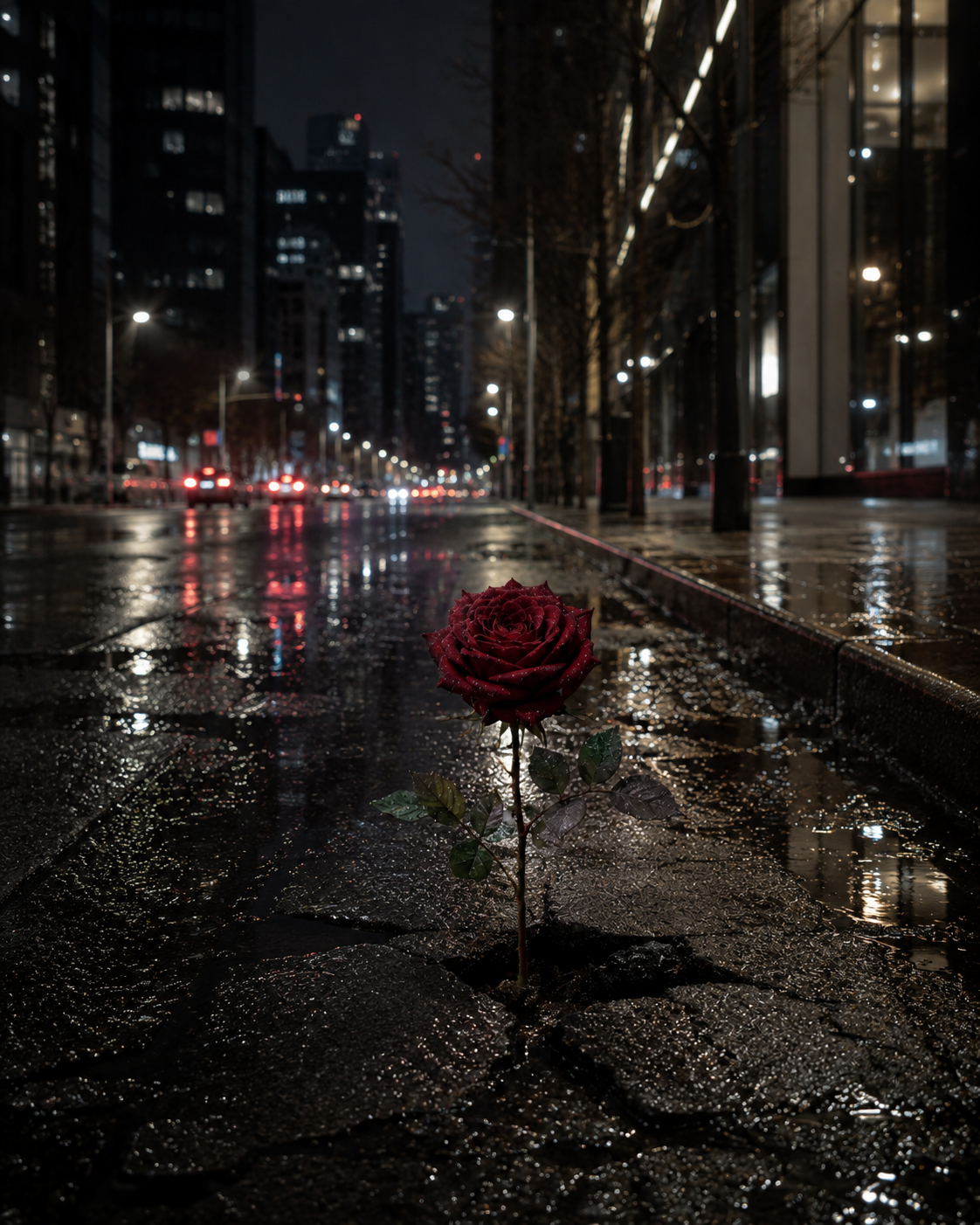 A single red rose growing from cracked wet pavement at night — Concrete Rose