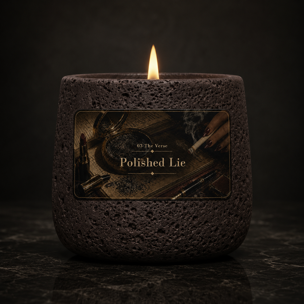 Close-up of the dark textured Polished Lie candle, lit, on a moody surface