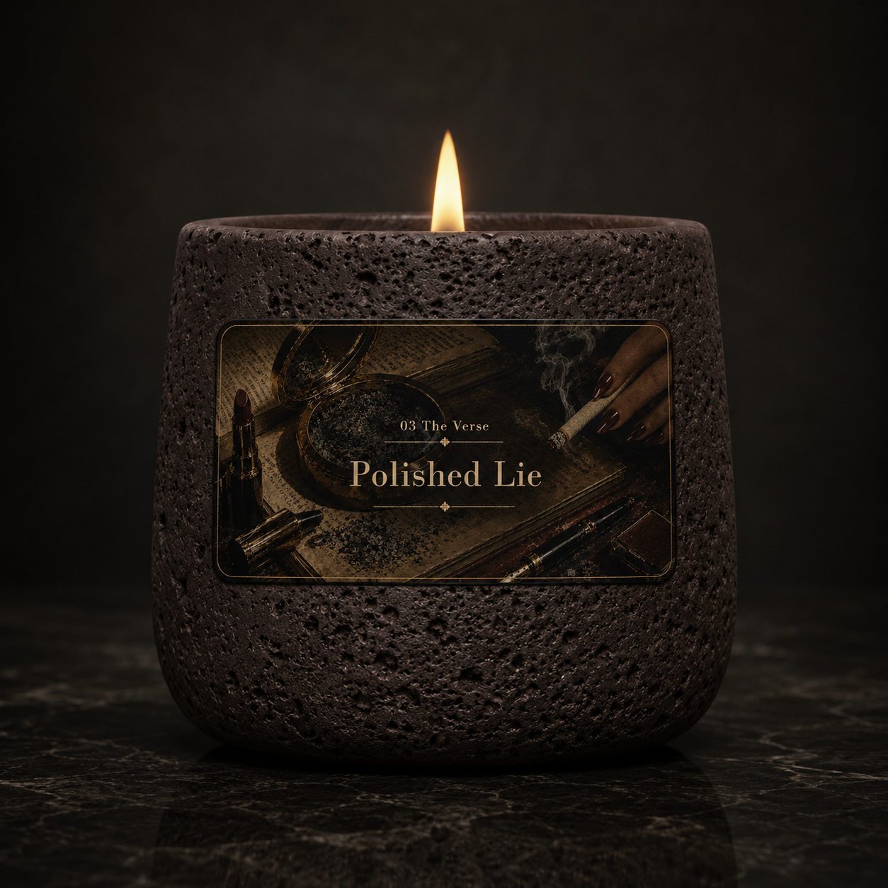 Close-up of the dark textured Polished Lie candle, lit, on a moody surface