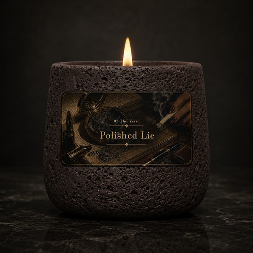 Close-up of the dark textured Polished Lie candle, lit, on a moody surface