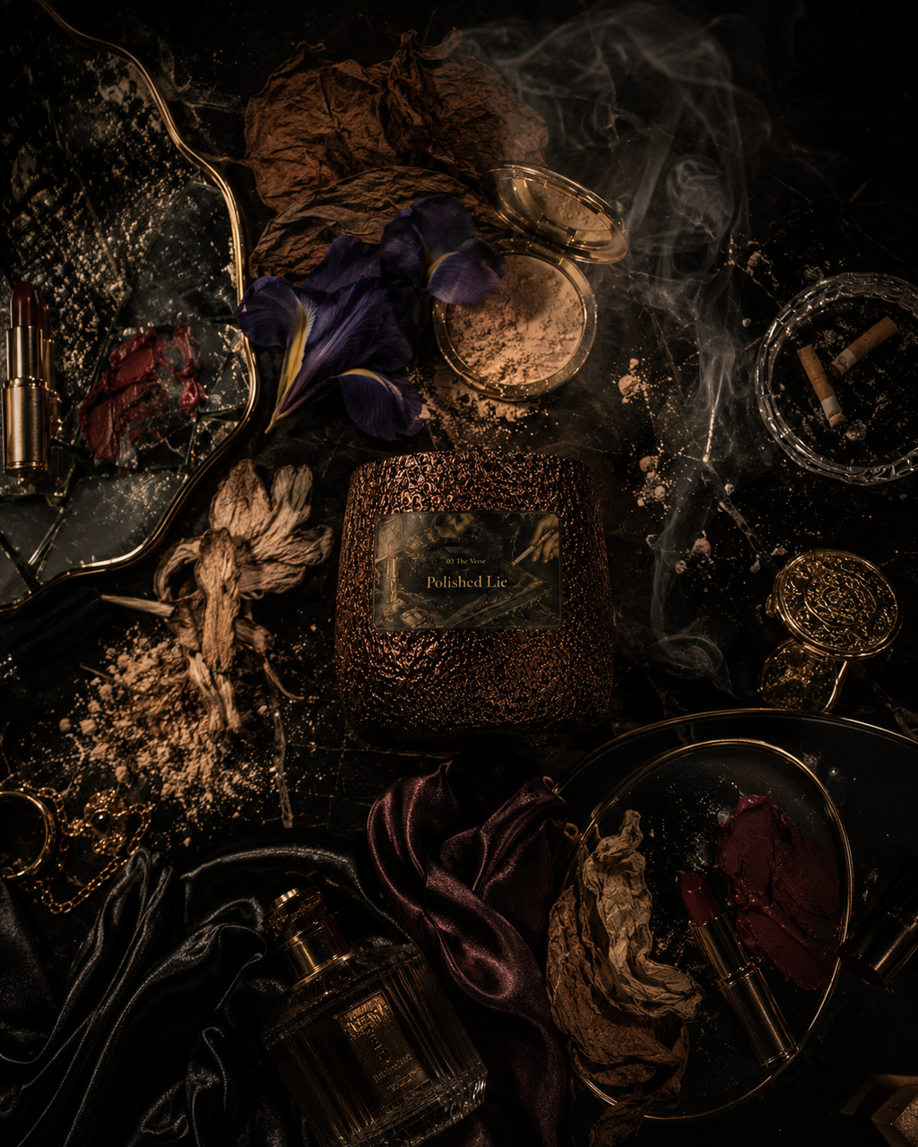 Moody flat-lay of dried flowers, perfume and trinkets with drifting smoke — Polished Lie