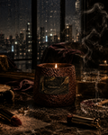 Polished Lie amber-glass scented candle glowing on a moody desk by a rainy night-city window — Ironic Paradoxists