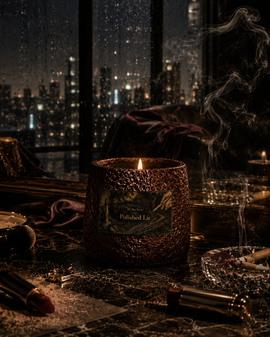 Polished Lie amber-glass scented candle glowing on a moody desk by a rainy night-city window — Ironic Paradoxists