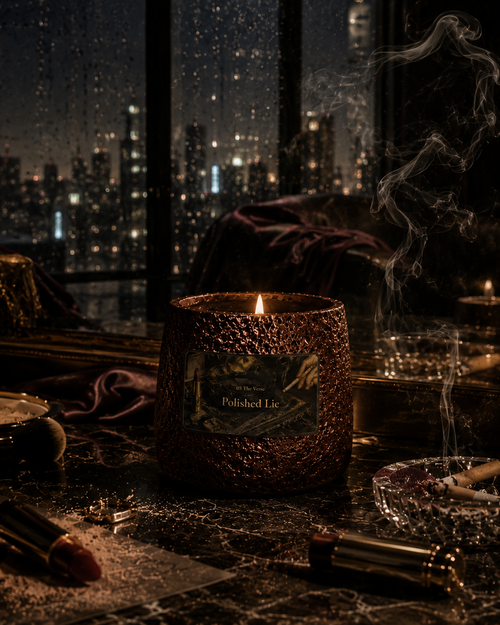 Polished Lie amber-glass scented candle glowing on a moody desk by a rainy night-city window — Ironic Paradoxists