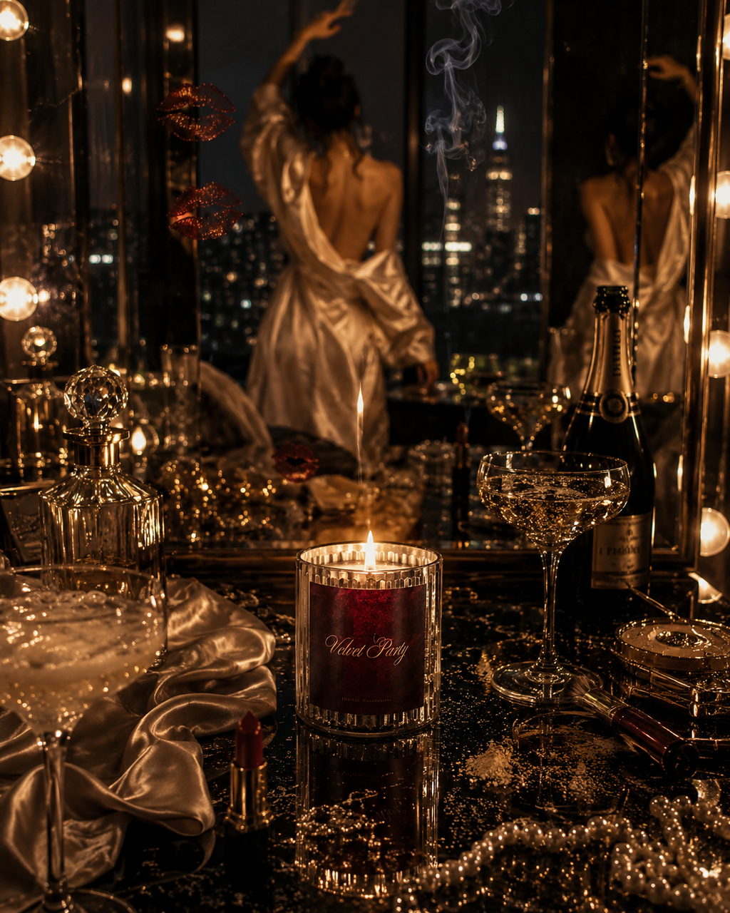 Silhouette of a woman at a candlelit party table overlooking a night skyline — Velvet Party