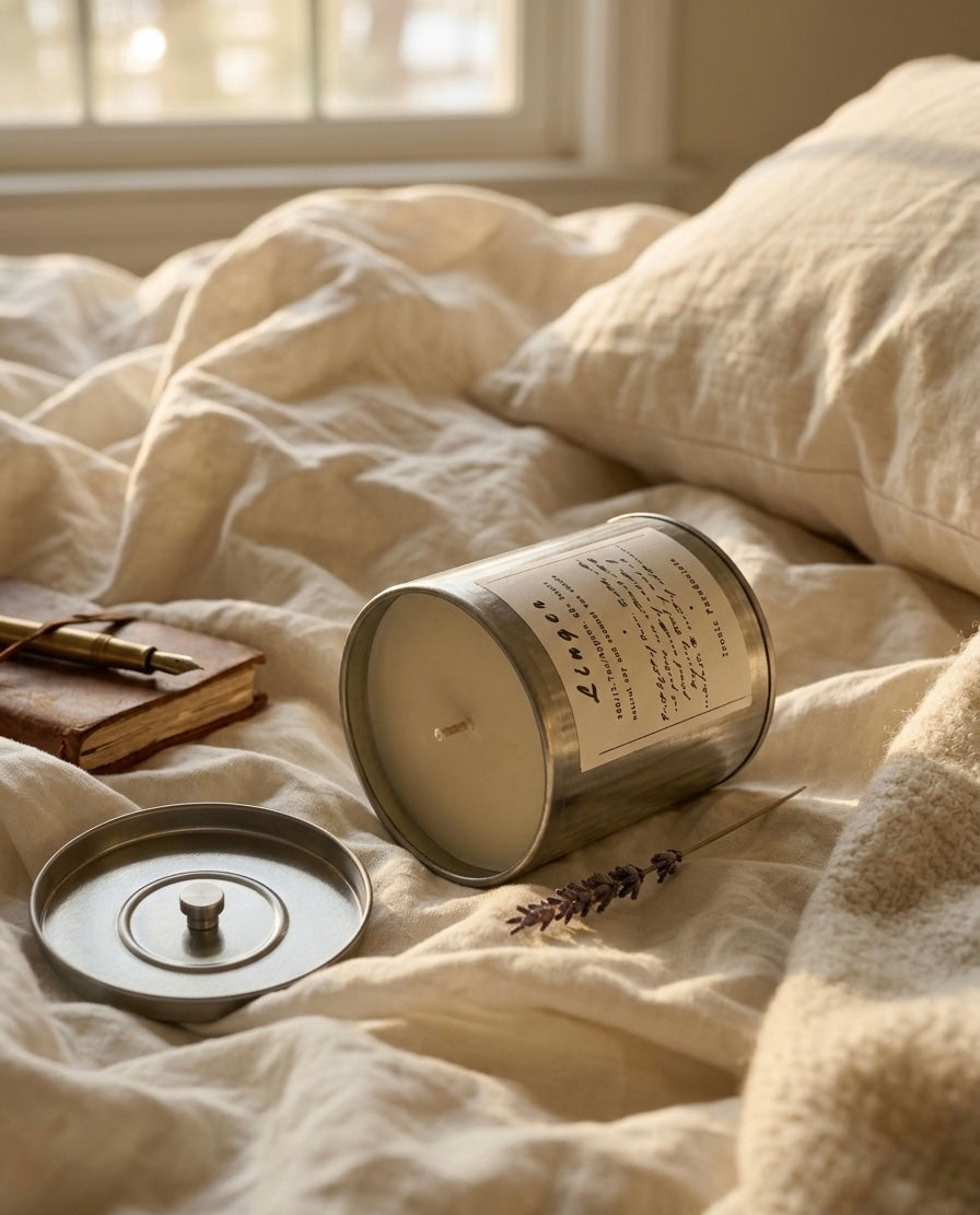 Linger candle in a silver tin with the lid open beside lavender on rumpled cream linen — Ironic Paradoxists handmade candle