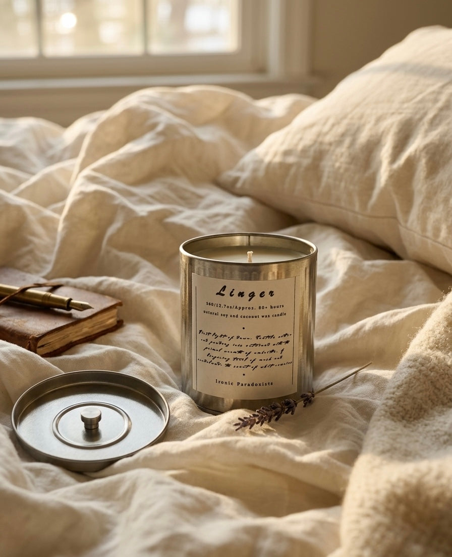 Linger soy-coconut candle in a brushed-silver tin, lit on cream linen bedding with a journal, pen and lavender — Ironic Paradoxists