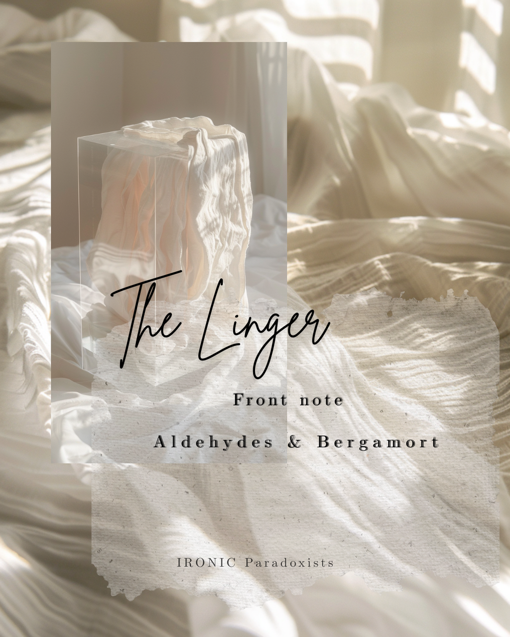 Linger top-note card — Aldehydes & Bergamot — on soft white fabric