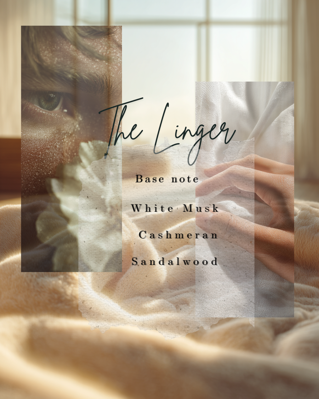 Linger base notes — White Musk, Cashmeran, Sandalwood — on soft cashmere fabric