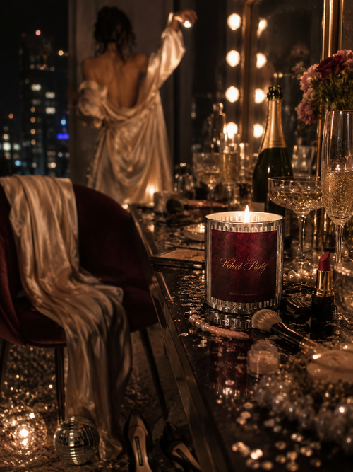 A woman in an evening gown at a glamorous candlelit party with a city night view — Velvet Party