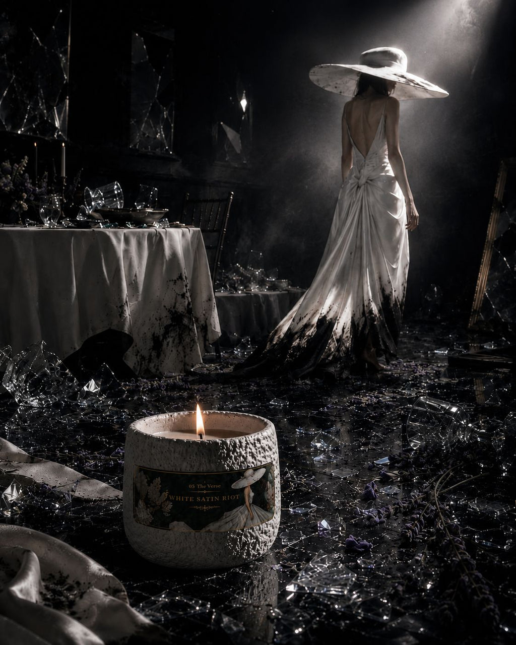 A woman in a white satin gown and wide hat walking away in a dramatic dark scene — White Satin Riot