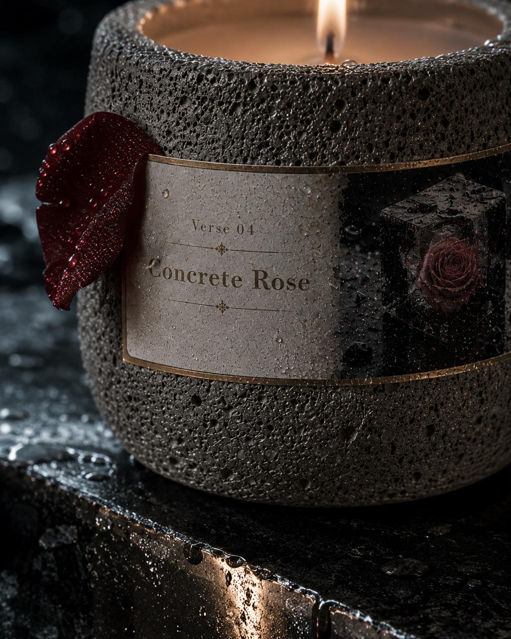 Close-up of the Concrete Rose candle with a red rose on wet city pavement