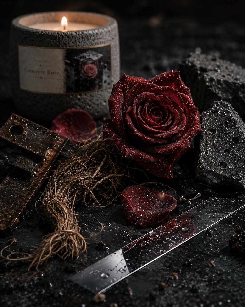 Concrete Rose candle lit beside a red rose, twine and rubble in a dark urban scene