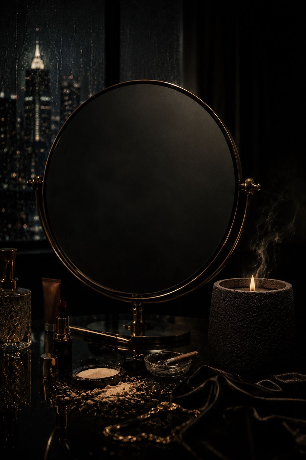 A dark vanity scene with a round mirror, Polished Lie candle and makeup overlooking a city view