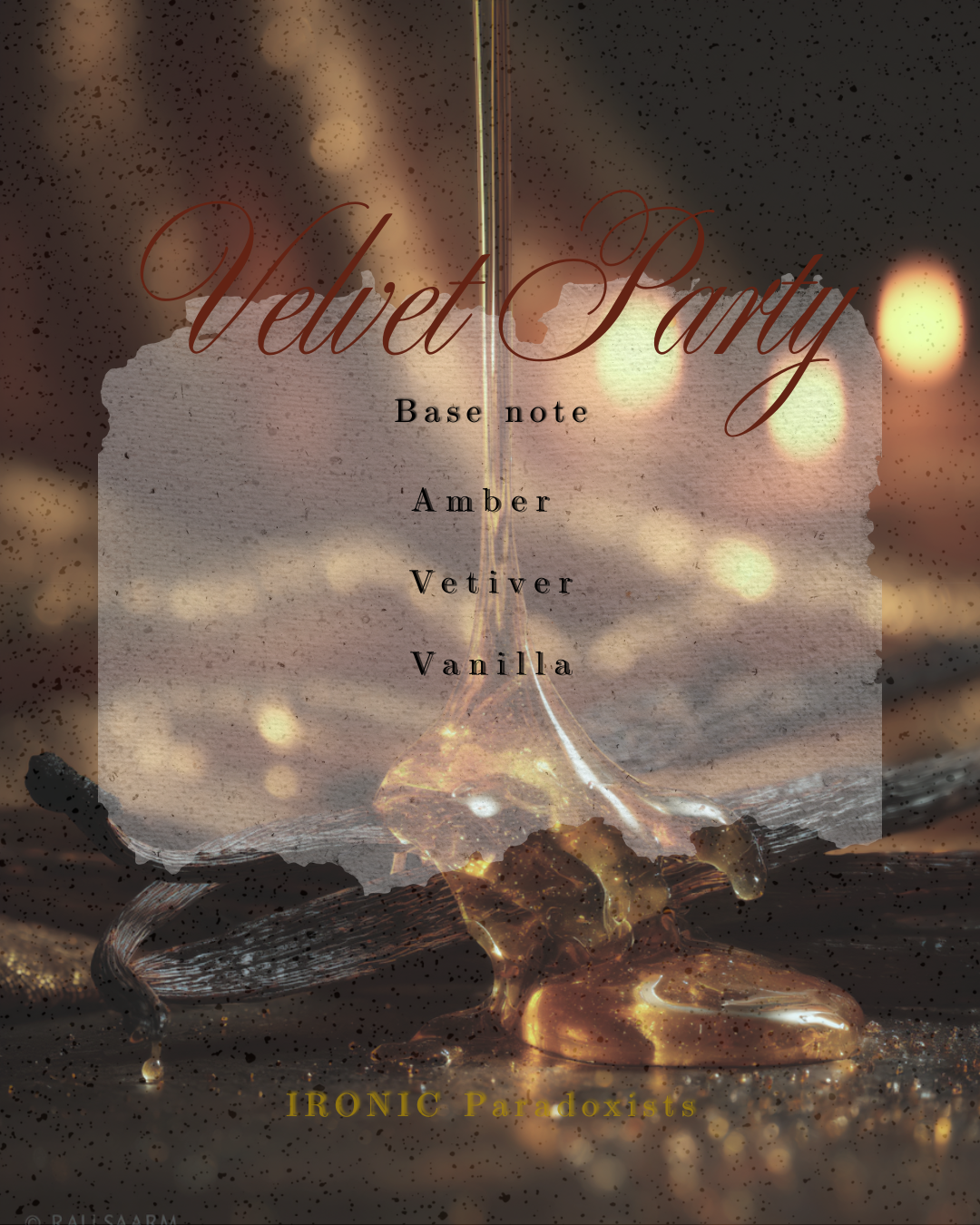 Velvet Party base notes — Amber, Vetiver, Vanilla — on a golden surface