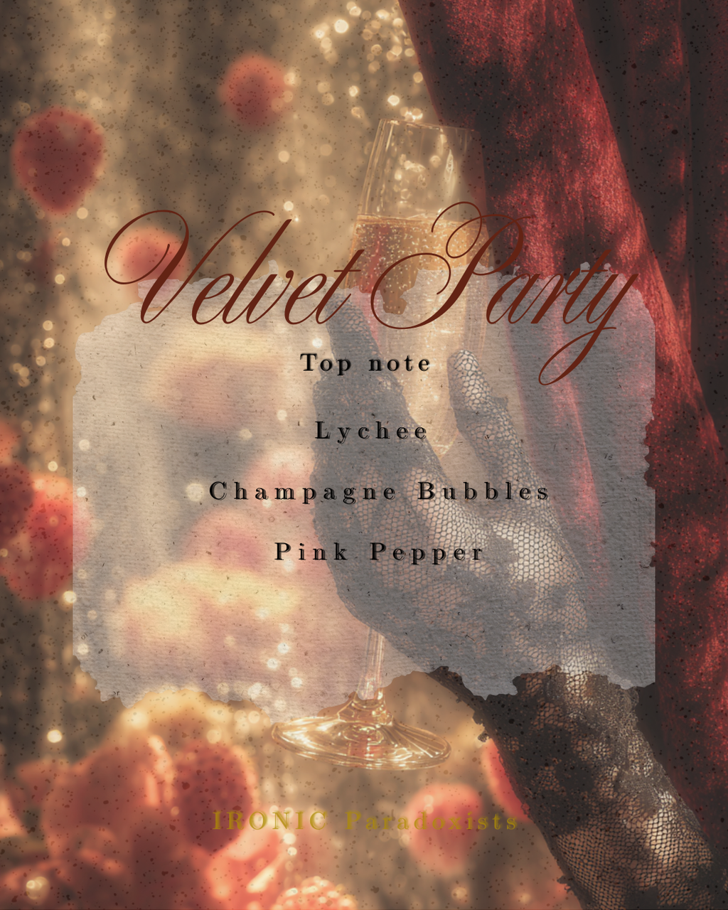 Velvet Party top notes — Lychee, Champagne Bubbles, Pink Pepper — on red roses