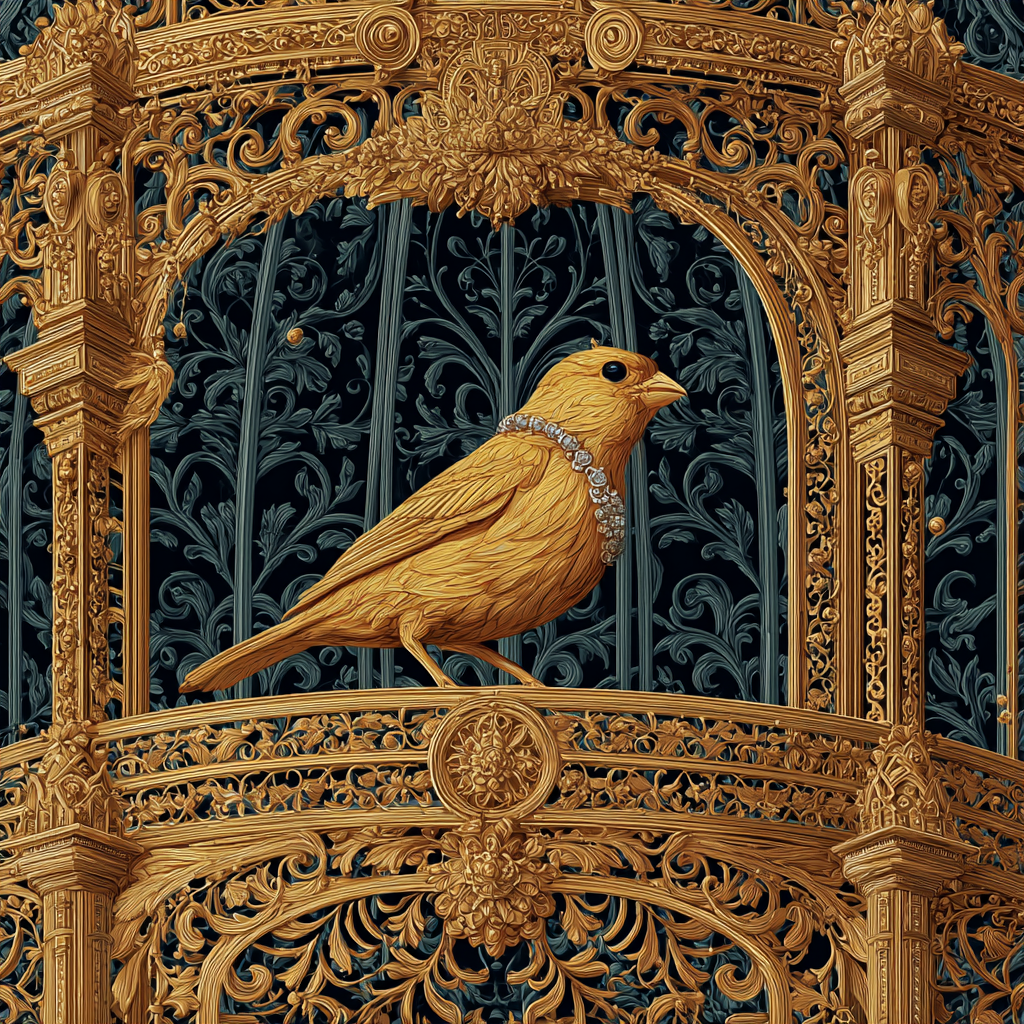 Ornate gilded cage artwork with a golden bird perched inside against teal — Gilded Cage