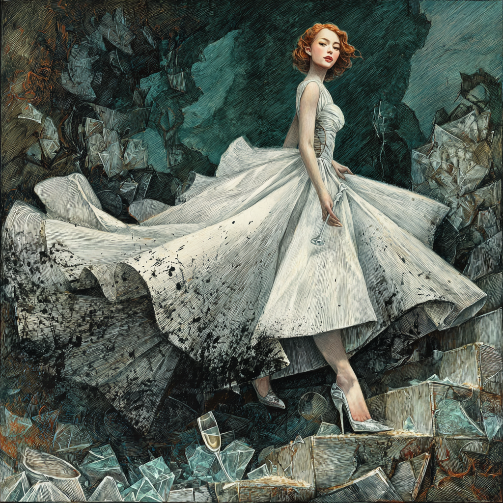Artwork of a woman twirling in a white gown among shattered crystal — White Satin Riot