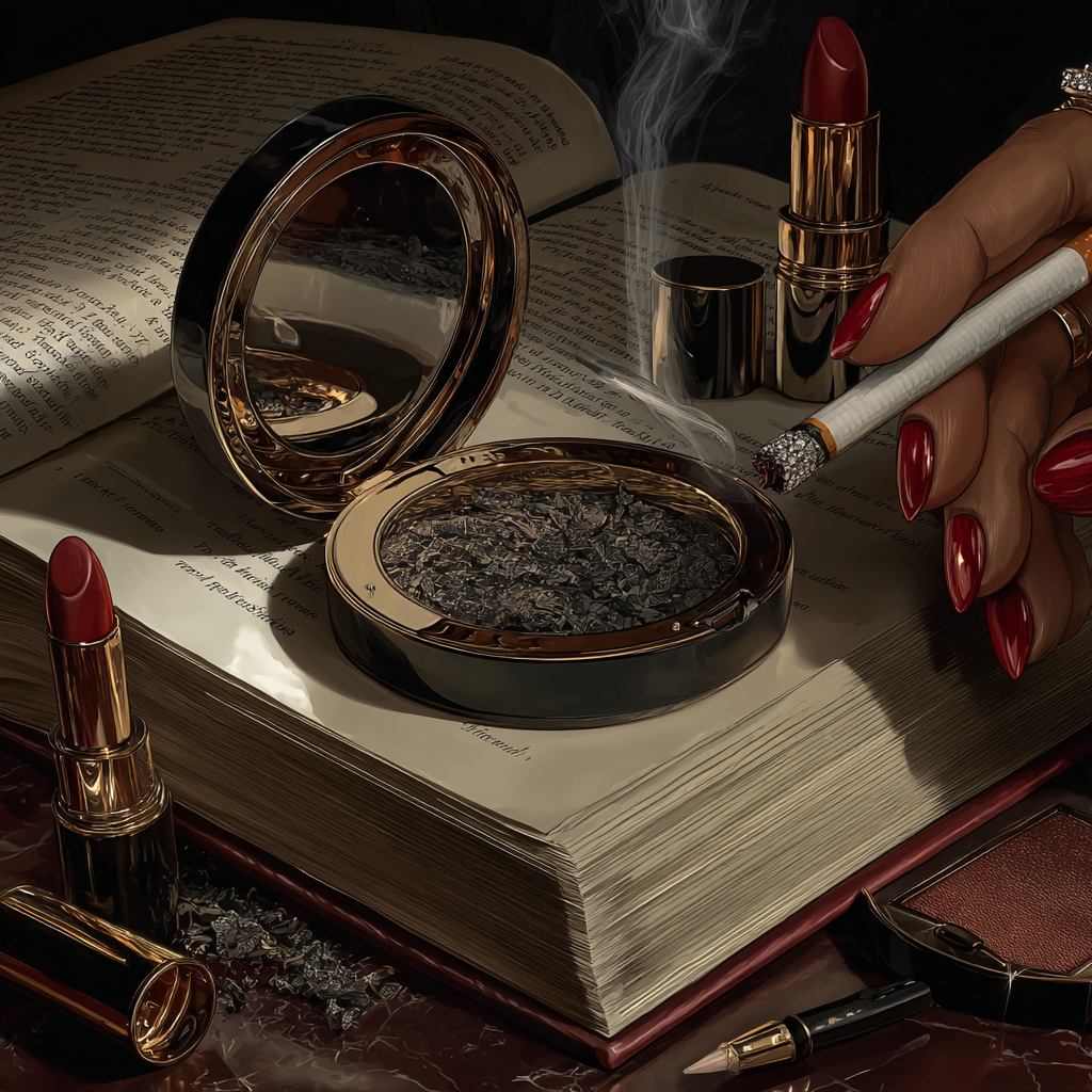 An open book with a vintage compact mirror, red lipstick and a lit cigarette in a manicured hand — Polished Lie