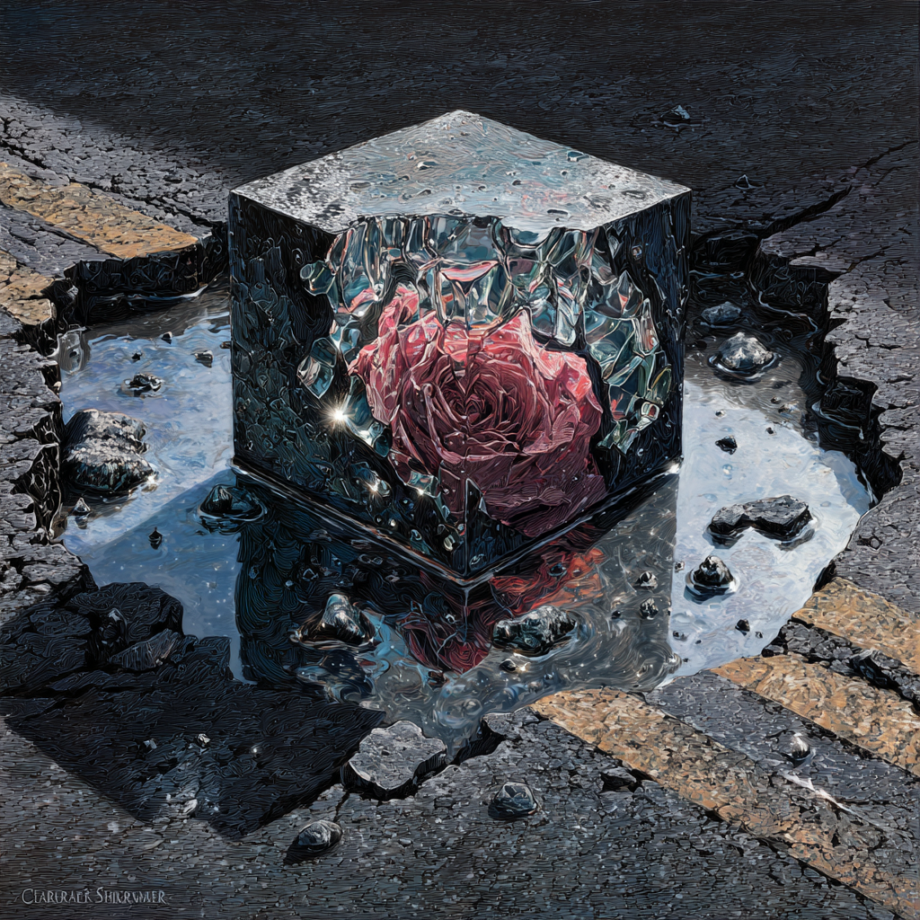 A red rose encased in a clear ice cube on shattered ground with reflection — Concrete Rose