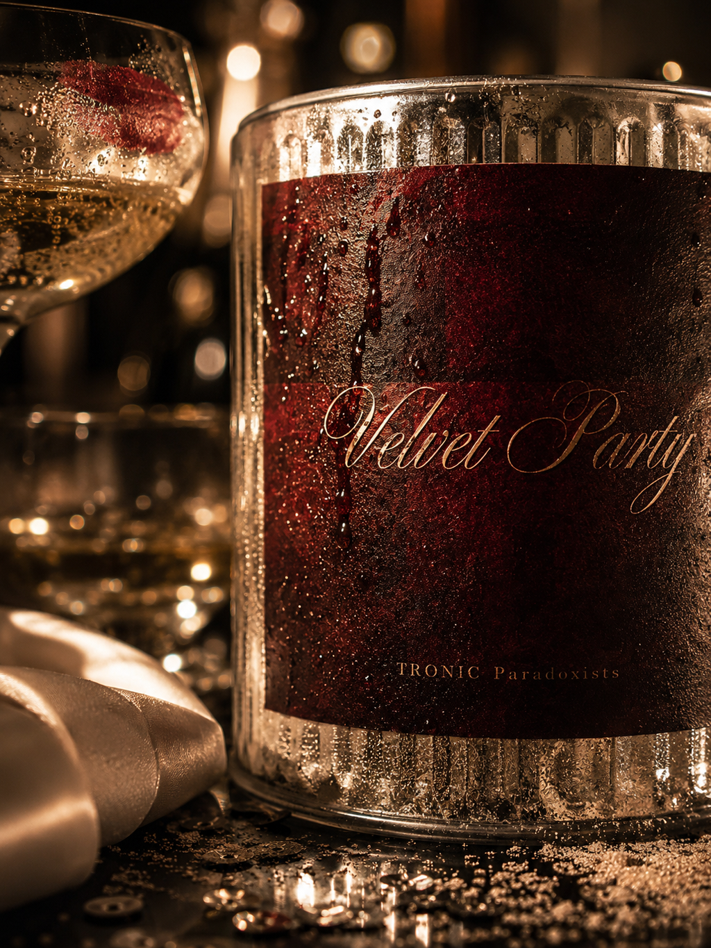 Close-up of the burgundy Velvet Party candle beside a champagne coupe amid golden sparkle