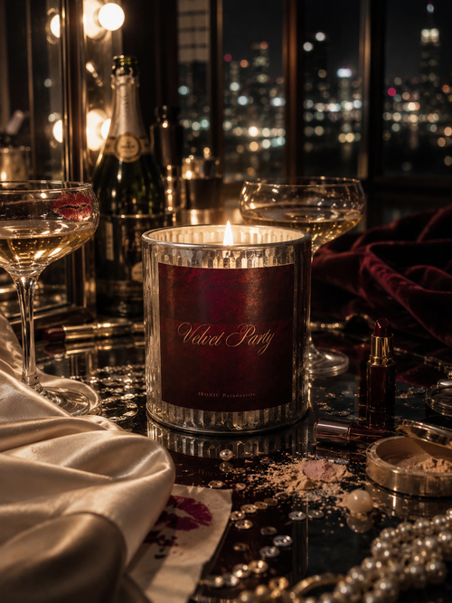 Velvet Party scented candle with a deep red label glowing on a glamorous night table with champagne and a city skyline — Ironic Paradoxists